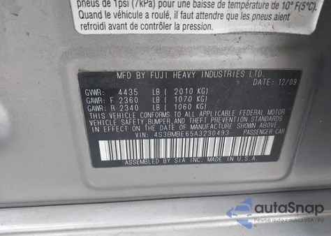 2010 Subaru Legacy 2.5I Premium z USA, uszkodzony, nr VIN 4S3BMBE65A3230493